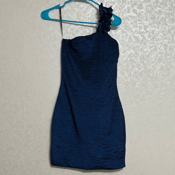 XXI Dresses & Skirts - XXI Forever One Shoulder Navy Blue Textured Mini Dress Bodycon Sheath Party Sz S